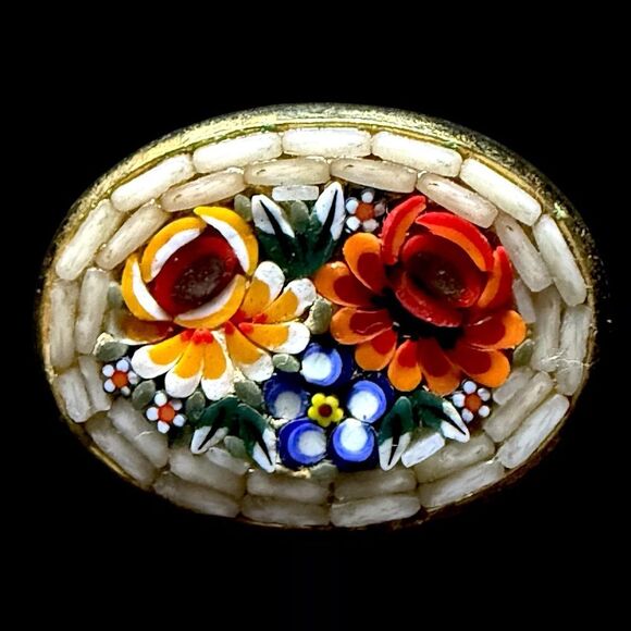 Vintage Italian Floral Micro Mosaic Earrings & Brooch Set on Card - Picture 7 of 11
